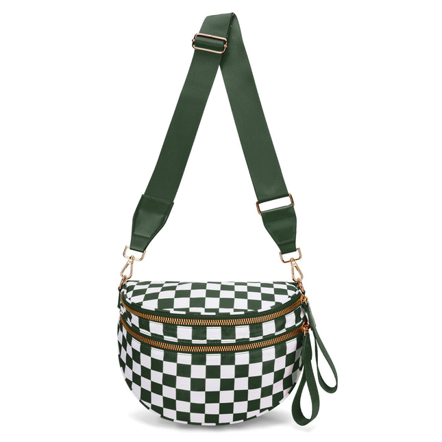 Black and White Checkered Trendy Sling Bag - Women's Crescent Crossbody Purse with Wide Adjustable Strap.