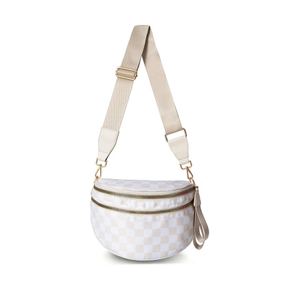 Beige Checkered Trendy Sling Bag - Women's Crescent Crossbody Purse with Wide Adjustable Strap.