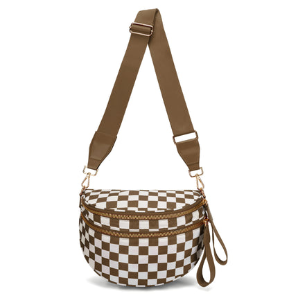 Brown Checkered Trendy Sling Bag - Women's Crescent Crossbody Purse with Wide Adjustable Strap.