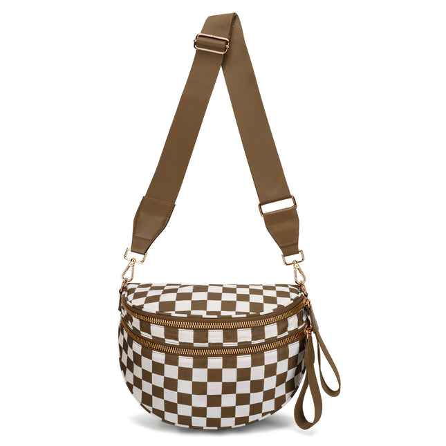 Brown Checkered Trendy Sling Bag - Women's Crescent Crossbody Purse with Wide Adjustable Strap.
