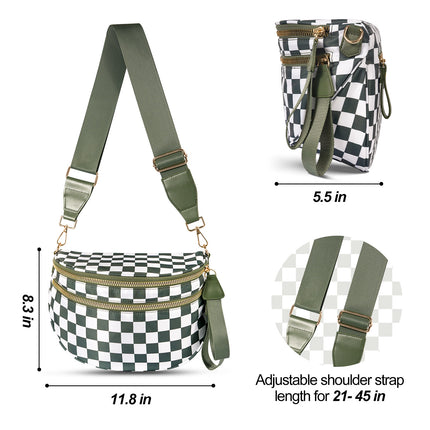 Brown Checkered Trendy Sling Bag - Women's Crescent Crossbody Purse with Wide Adjustable Strap.