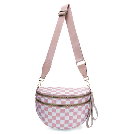 Pink Checkered Trendy Sling Bag - Women's Crescent Crossbody Purse with Wide Adjustable Strap.