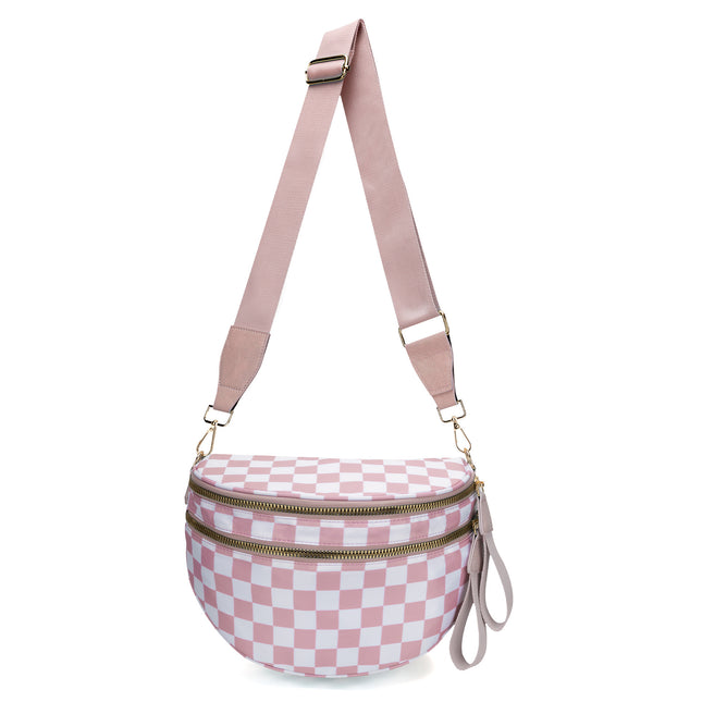 Pink Checkered Trendy Sling Bag - Women's Crescent Crossbody Purse with Wide Adjustable Strap.