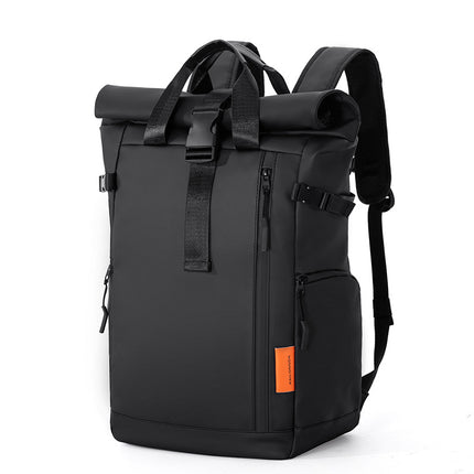 Black Urban Explorer Roll-Top Backpack - Water-Resistant Large Capacity Bag for Travel, Work & Laptop.