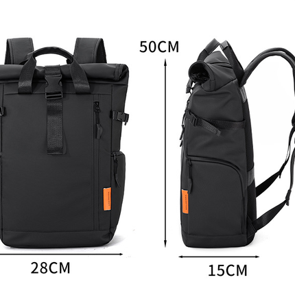 Black Urban Explorer Roll-Top Backpack - Water-Resistant Large Capacity Bag for Travel, Work & Laptop.