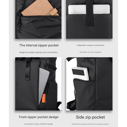 Black Urban Explorer Roll-Top Backpack - Water-Resistant Large Capacity Bag for Travel, Work & Laptop.