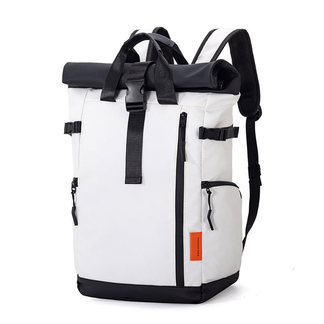 White Urban Explorer Roll-Top Backpack - Water-Resistant Large Capacity Bag for Travel, Work & Laptop.