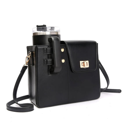 Black Portable Insulated Water Bottle Carrier Bag with Adjustable Shoulder Strap - Crossbody Drink Holder for Outdoor Activities.
