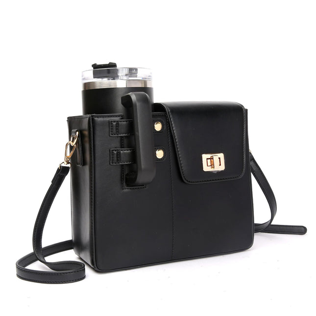 Black Portable Insulated Water Bottle Carrier Bag with Adjustable Shoulder Strap - Crossbody Drink Holder for Outdoor Activities.