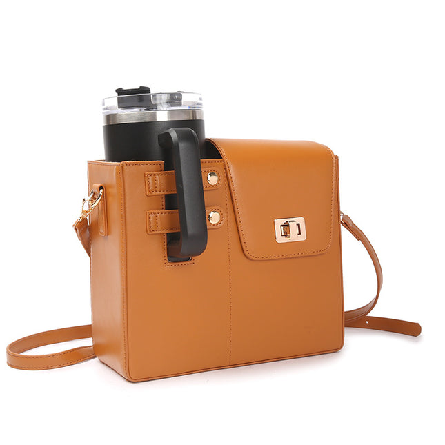 Brown Portable Insulated Water Bottle Carrier Bag with Adjustable Shoulder Strap - Crossbody Drink Holder for Outdoor Activities.