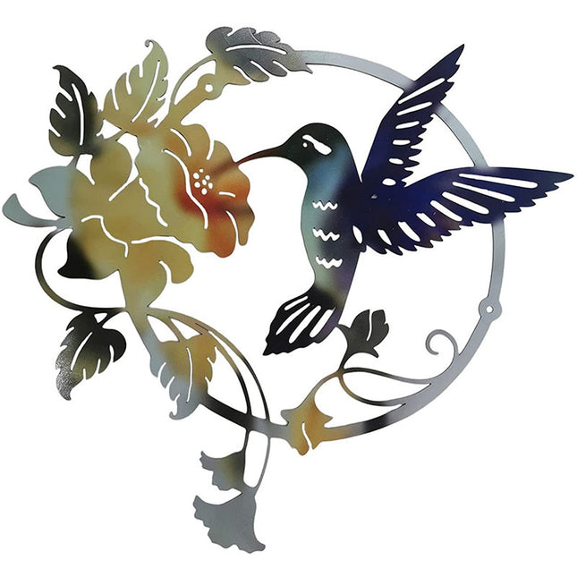 Yellow Set of 2 Round Metal Wall Art - Hummingbird & Flower Sculpture for Indoor & Outdoor Decor.