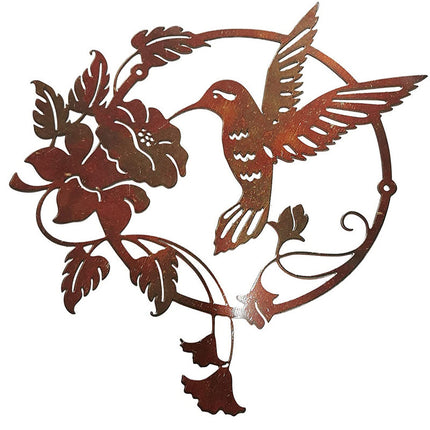 Brown Set of 2 Round Metal Wall Art - Hummingbird & Flower Sculpture for Indoor & Outdoor Decor.