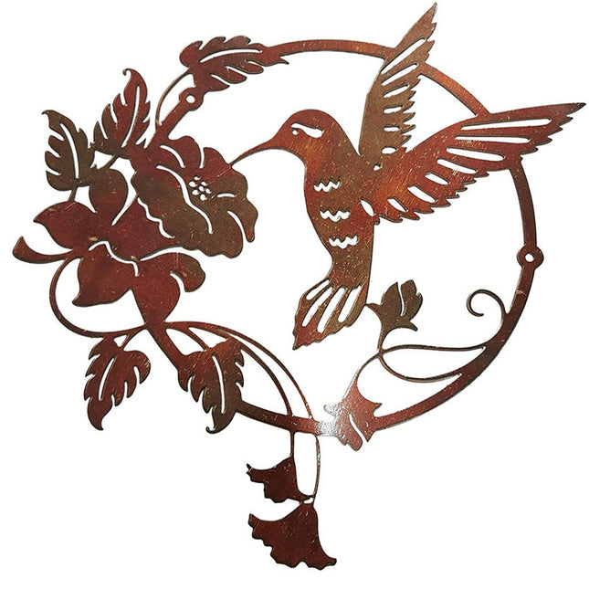 Brown Set of 2 Round Metal Wall Art - Hummingbird & Flower Sculpture for Indoor & Outdoor Decor.