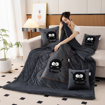 Dark Grey Padded and Thickened Elf 2-in-1 Foldable Car Pillow Blanket - Cozy 40x40cm Pillow, Unfolds to 100x150cm Blanket for Travel and Office Naps.