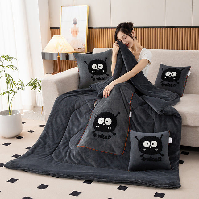 Dark Grey Padded and Thickened Elf 2-in-1 Foldable Car Pillow Blanket - Cozy 40x40cm Pillow, Unfolds to 100x150cm Blanket for Travel and Office Naps.