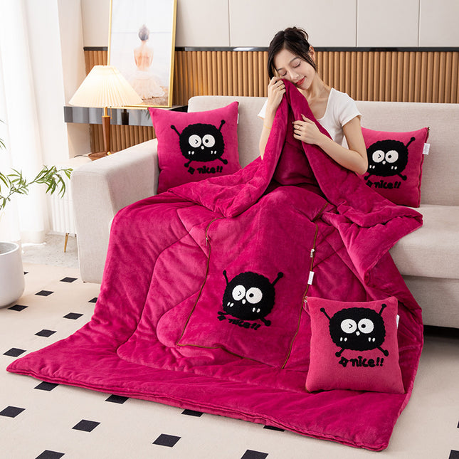 Rose Red Padded and Thickened Elf 2-in-1 Foldable Car Pillow Blanket - Cozy 40x40cm Pillow, Unfolds to 100x150cm Blanket for Travel and Office Naps.