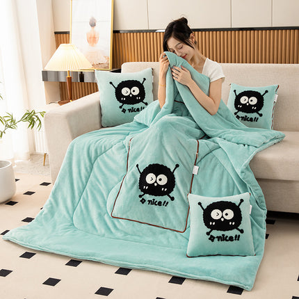 Water Green Padded and Thickened Elf 2-in-1 Foldable Car Pillow Blanket - Cozy 40x40cm Pillow, Unfolds to 100x150cm Blanket for Travel and Office Naps.