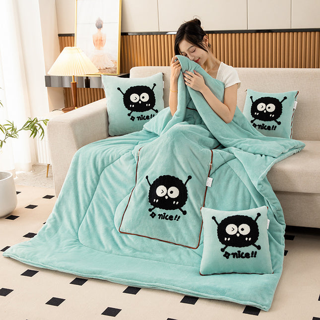 Water Green Padded and Thickened Elf 2-in-1 Foldable Car Pillow Blanket - Cozy 40x40cm Pillow, Unfolds to 100x150cm Blanket for Travel and Office Naps.