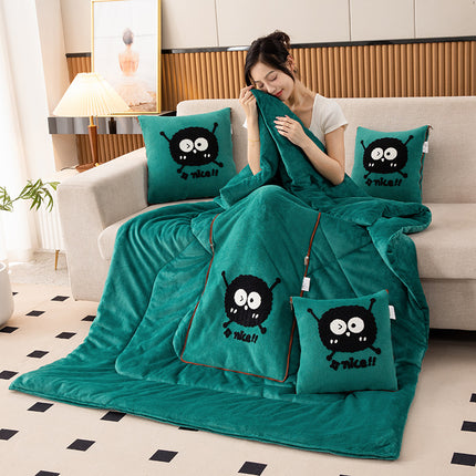 Green Padded and Thickened Elf 2-in-1 Foldable Car Pillow Blanket - Cozy 40x40cm Pillow, Unfolds to 100x150cm Blanket for Travel and Office Naps.
