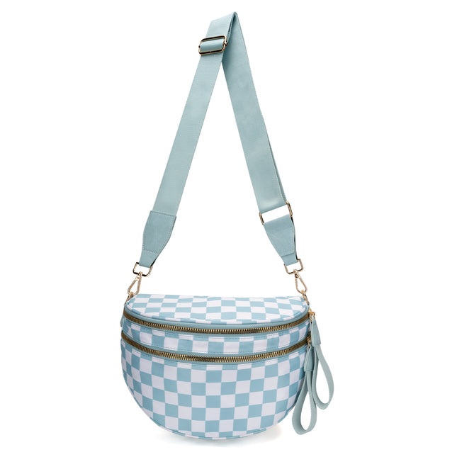 Blue Checkered Trendy Sling Bag - Women's Crescent Crossbody Purse with Wide Adjustable Strap.