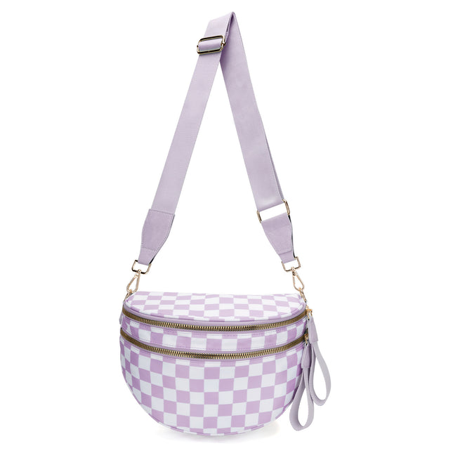 Light Purple Checkered Trendy Sling Bag - Women's Crescent Crossbody Purse with Wide Adjustable Strap.