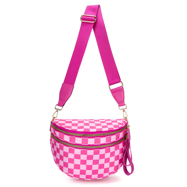 Rose Red Checkered Trendy Sling Bag - Women's Crescent Crossbody Purse with Wide Adjustable Strap.
