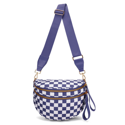 Dark Purple Checkered Trendy Sling Bag - Women's Crescent Crossbody Purse with Wide Adjustable Strap.