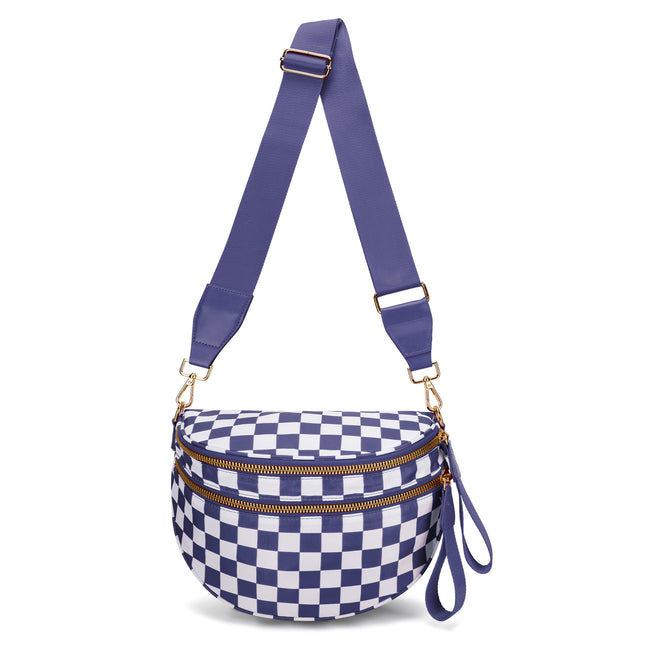 Dark Purple Checkered Trendy Sling Bag - Women's Crescent Crossbody Purse with Wide Adjustable Strap.