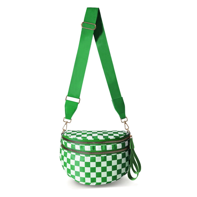 Green Checkered Trendy Sling Bag - Women's Crescent Crossbody Purse with Wide Adjustable Strap.