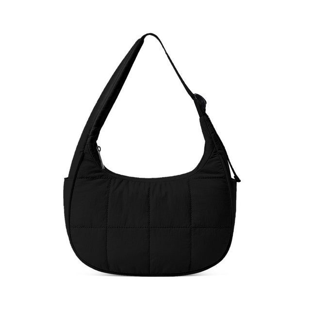 Black Trendy Nylon Puffer Shoulder Bag for Women - Lightweight Large Capacity Underarm Tote.
