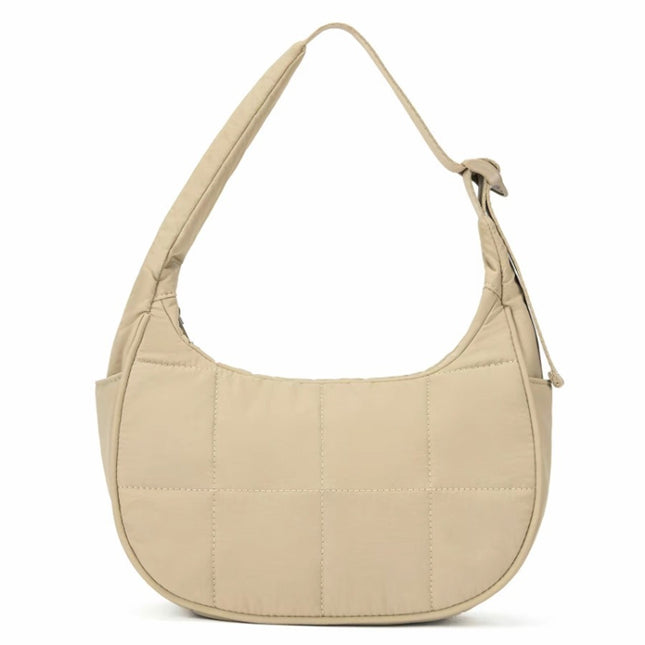 Khaki Trendy Nylon Puffer Shoulder Bag for Women - Lightweight Large Capacity Underarm Tote.