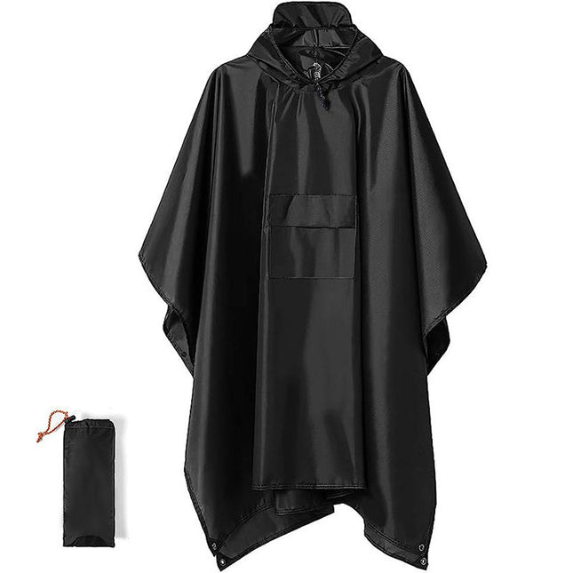Black 3-in-1 Waterproof Rain Poncho - Lightweight Hooded Raincoat, Ground Tarp & Emergency Shelter for Hiking, Camping, and Outdoor Survival.