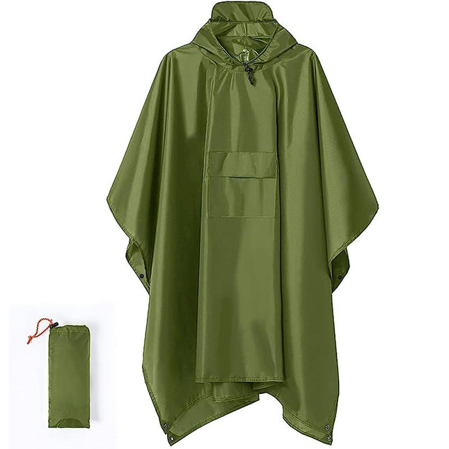 Green 3-in-1 Waterproof Rain Poncho - Lightweight Hooded Raincoat, Ground Tarp & Emergency Shelter for Hiking, Camping, and Outdoor Survival.