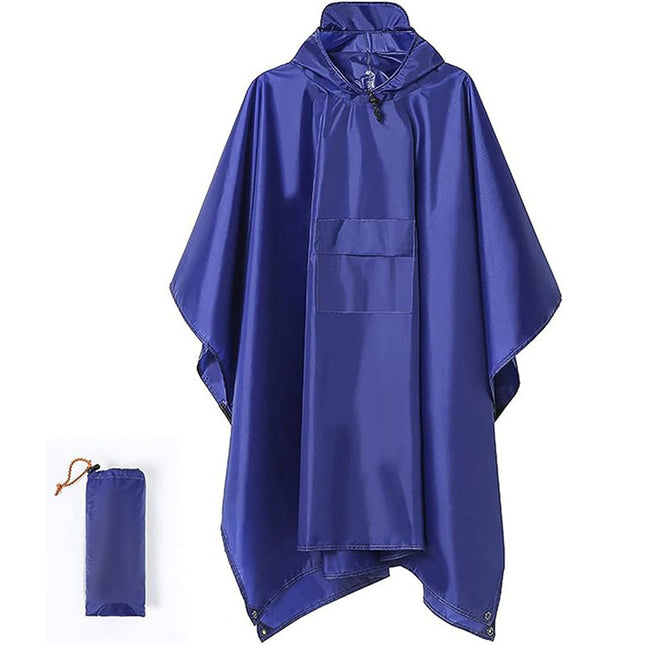 Blue 3-in-1 Waterproof Rain Poncho - Lightweight Hooded Raincoat, Ground Tarp & Emergency Shelter for Hiking, Camping, and Outdoor Survival.
