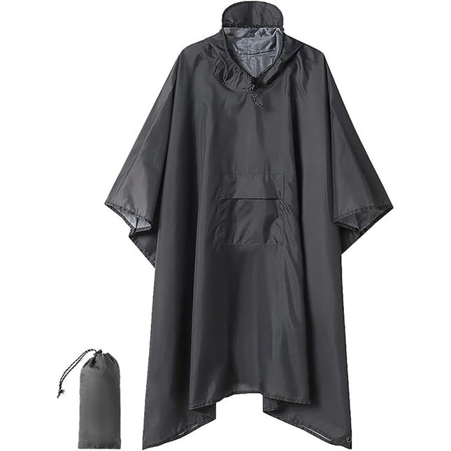 Grey 3-in-1 Waterproof Rain Poncho - Lightweight Hooded Raincoat, Ground Tarp & Emergency Shelter for Hiking, Camping, and Outdoor Survival.
