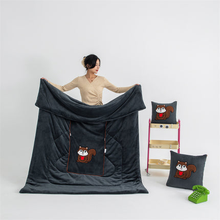 Rock Gray Little Squirrel - 2-in-1 Foldable Car Pillow Blanket - Cozy 40x40cm Pillow, Unfolds to 100x150cm Blanket for Travel and Office Naps.