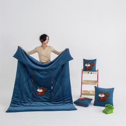Blue Little Squirrel - 2-in-1 Foldable Car Pillow Blanket - Cozy 40x40cm Pillow, Unfolds to 100x150cm Blanket for Travel and Office Naps.
