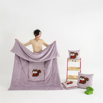 Light Pink Little Squirrel - 2-in-1 Foldable Car Pillow Blanket - Cozy 40x40cm Pillow, Unfolds to 100x150cm Blanket for Travel and Office Naps.
