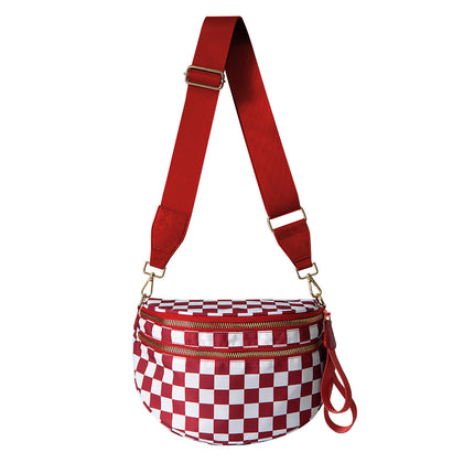 Red Checkered Trendy Sling Bag - Women's Crescent Crossbody Purse with Wide Adjustable Strap.