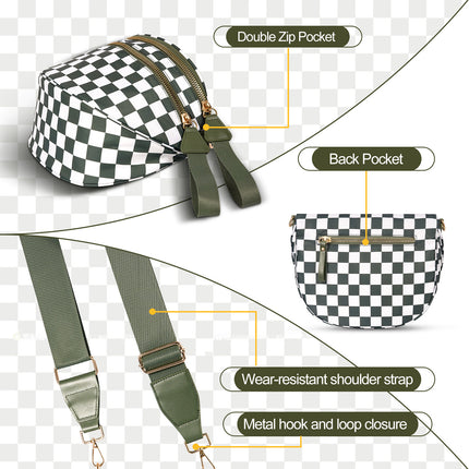 Red Checkered Trendy Sling Bag - Women's Crescent Crossbody Purse with Wide Adjustable Strap.