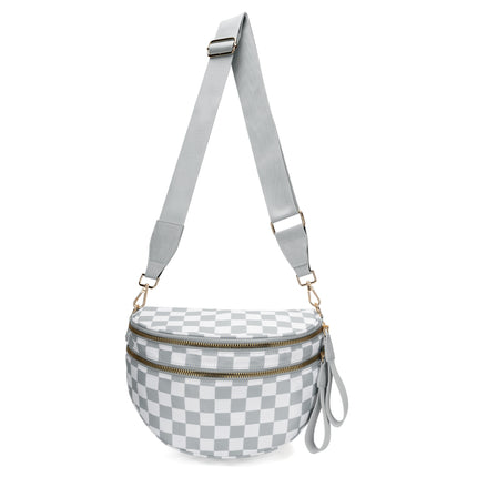Light Grey Checkered Trendy Sling Bag - Women's Crescent Crossbody Purse with Wide Adjustable Strap.