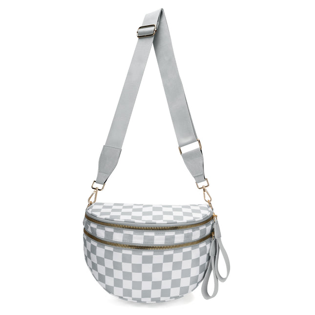 Light Grey Checkered Trendy Sling Bag - Women's Crescent Crossbody Purse with Wide Adjustable Strap.