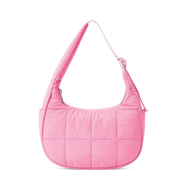 Pink Trendy Nylon Puffer Shoulder Bag for Women - Lightweight Large Capacity Underarm Tote.