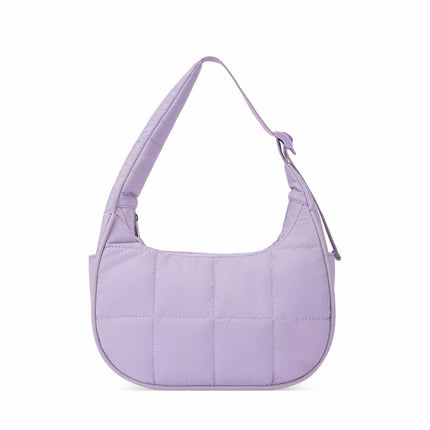 Purple Trendy Nylon Puffer Shoulder Bag for Women - Lightweight Large Capacity Underarm Tote.