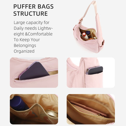 Purple Trendy Nylon Puffer Shoulder Bag for Women - Lightweight Large Capacity Underarm Tote.
