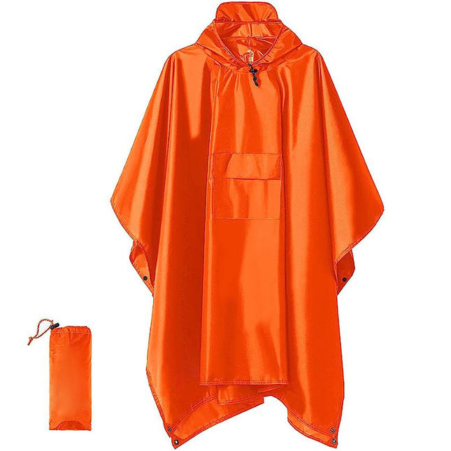 Orange 3-in-1 Waterproof Rain Poncho - Lightweight Hooded Raincoat, Ground Tarp & Emergency Shelter for Hiking, Camping, and Outdoor Survival.