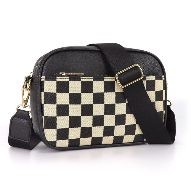 Tessellated Black Chic Quilted Crossbody Bag - Vintage PU Leather Shoulder Purse with Adjustable Strap.