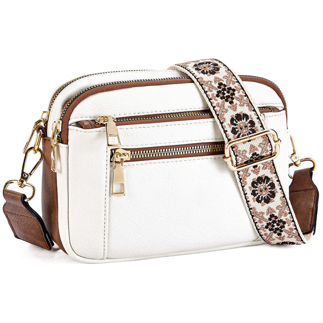Double Zipper White Brown Chic Quilted Crossbody Bag - Vintage PU Leather Shoulder Purse with Adjustable Strap.