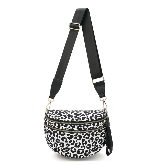 Black-white Checkered Trendy Sling Bag - Women's Crescent Crossbody Purse with Wide Adjustable Strap.
