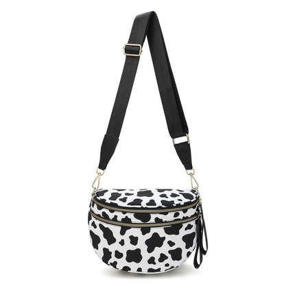 Black-white Cow Checkered Trendy Sling Bag - Women's Crescent Crossbody Purse with Wide Adjustable Strap.